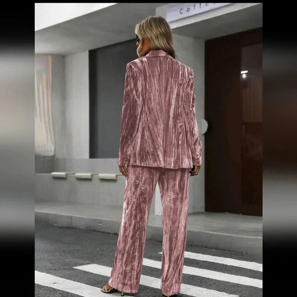 Powerful Elegant & Refined Velvet Crinkle Metallic Long Sleeve Blazer & Pants - Picture 3 of 6